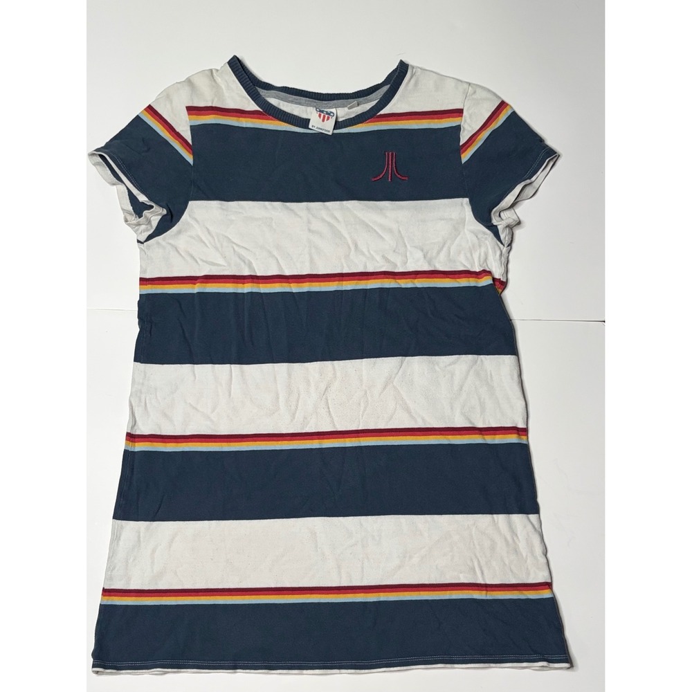 Junk Food Atari Stripe TShirt Womens Large Navy White Retro Gaming Dress T2